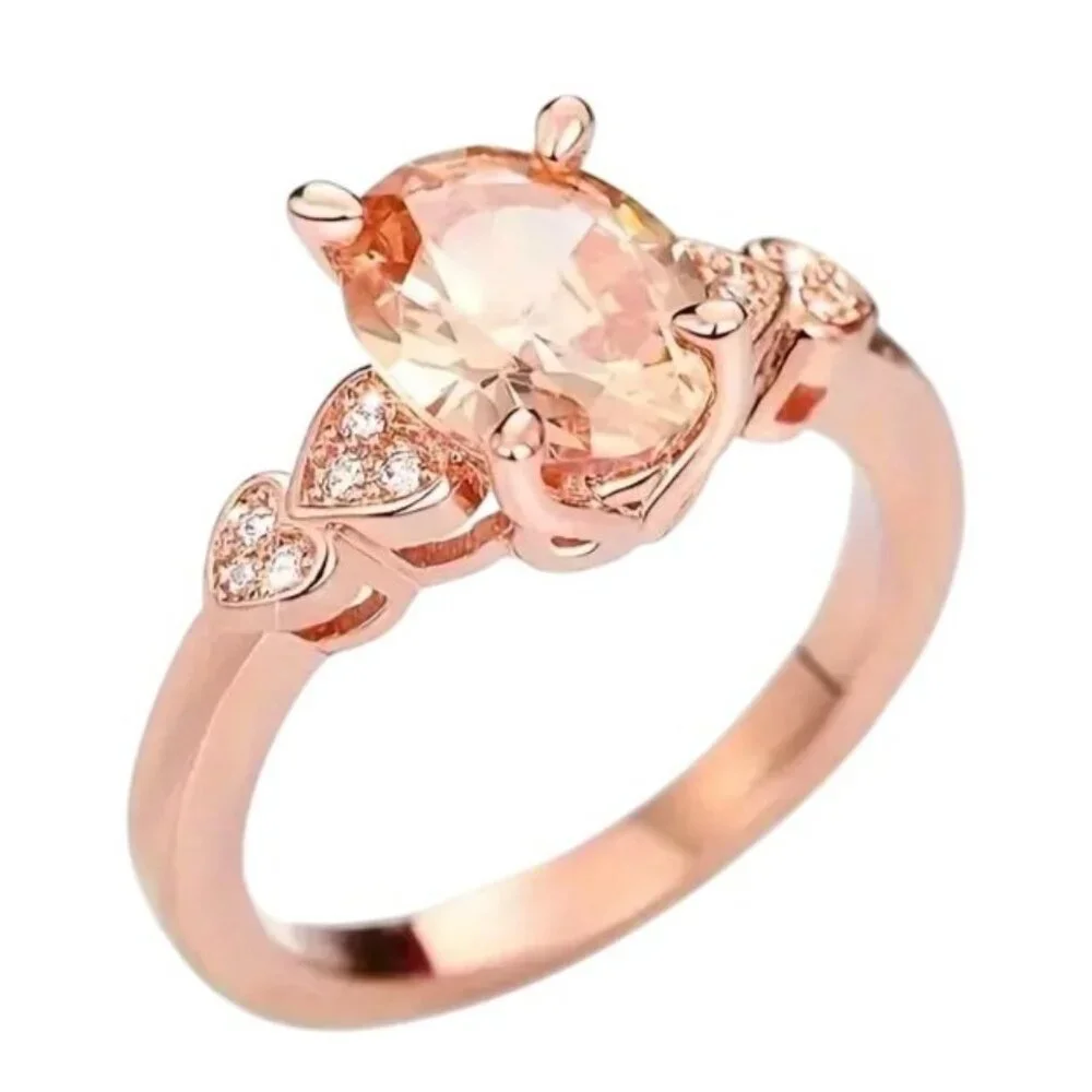 Oval Cut Morganite Engagement Bridal Ring Rose Gold Half Eternity Diamond Hearts